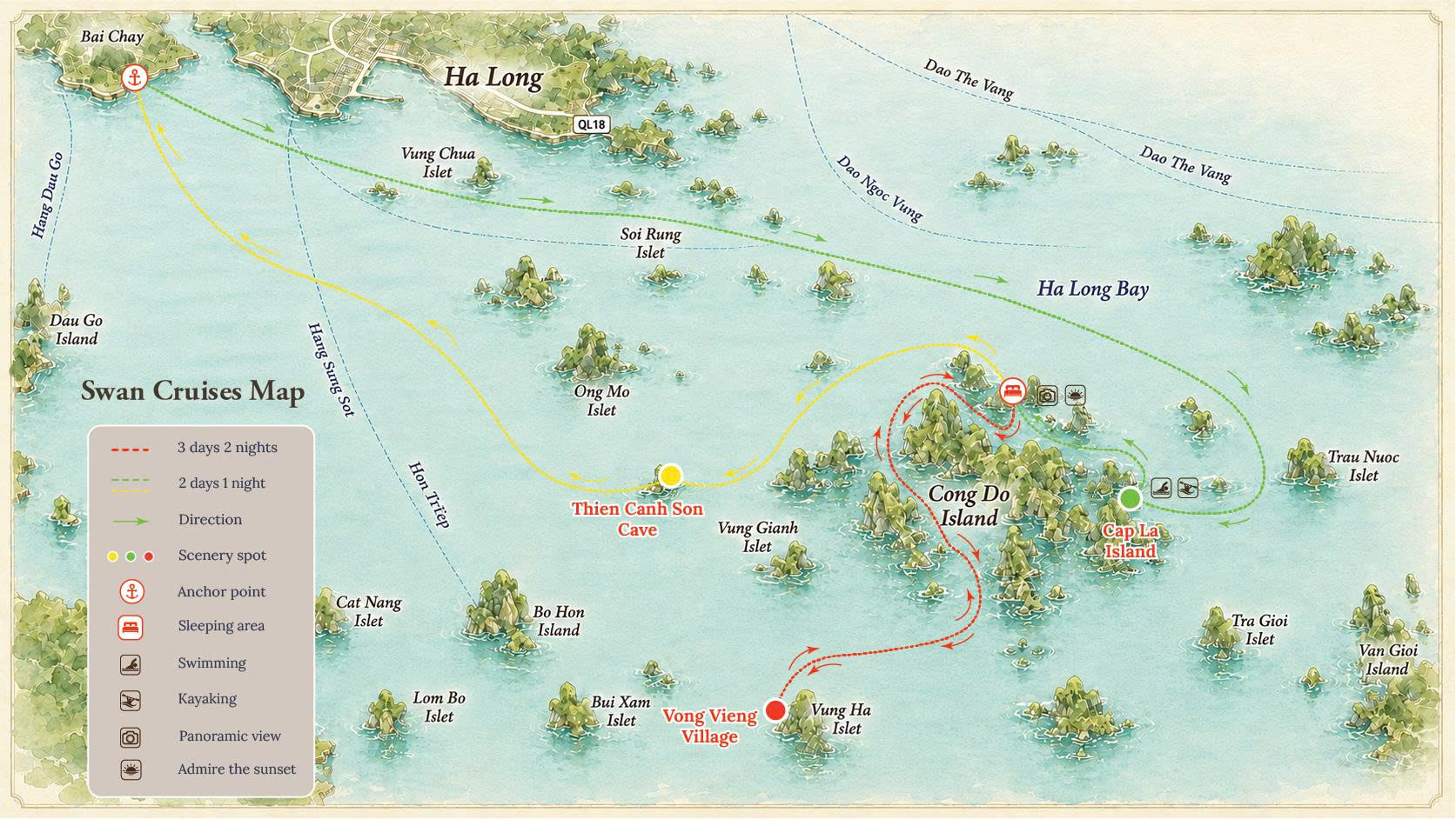 Ha Long Bay 2 Days 1 Night voyage route map